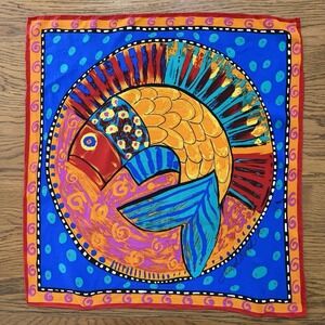 Laurel Burch '98 Silk Scarf 20x20 Koi Fish Square Bright Colorful Abstract EUC